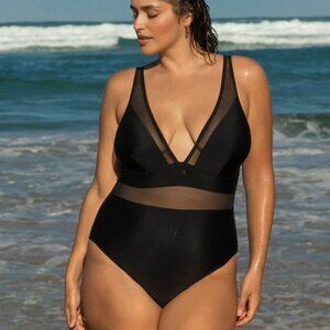 Berlook Black Sheer V-Neck One-Piece Swimsuit Size 20 | 2X – NWT | Plus Size Swi